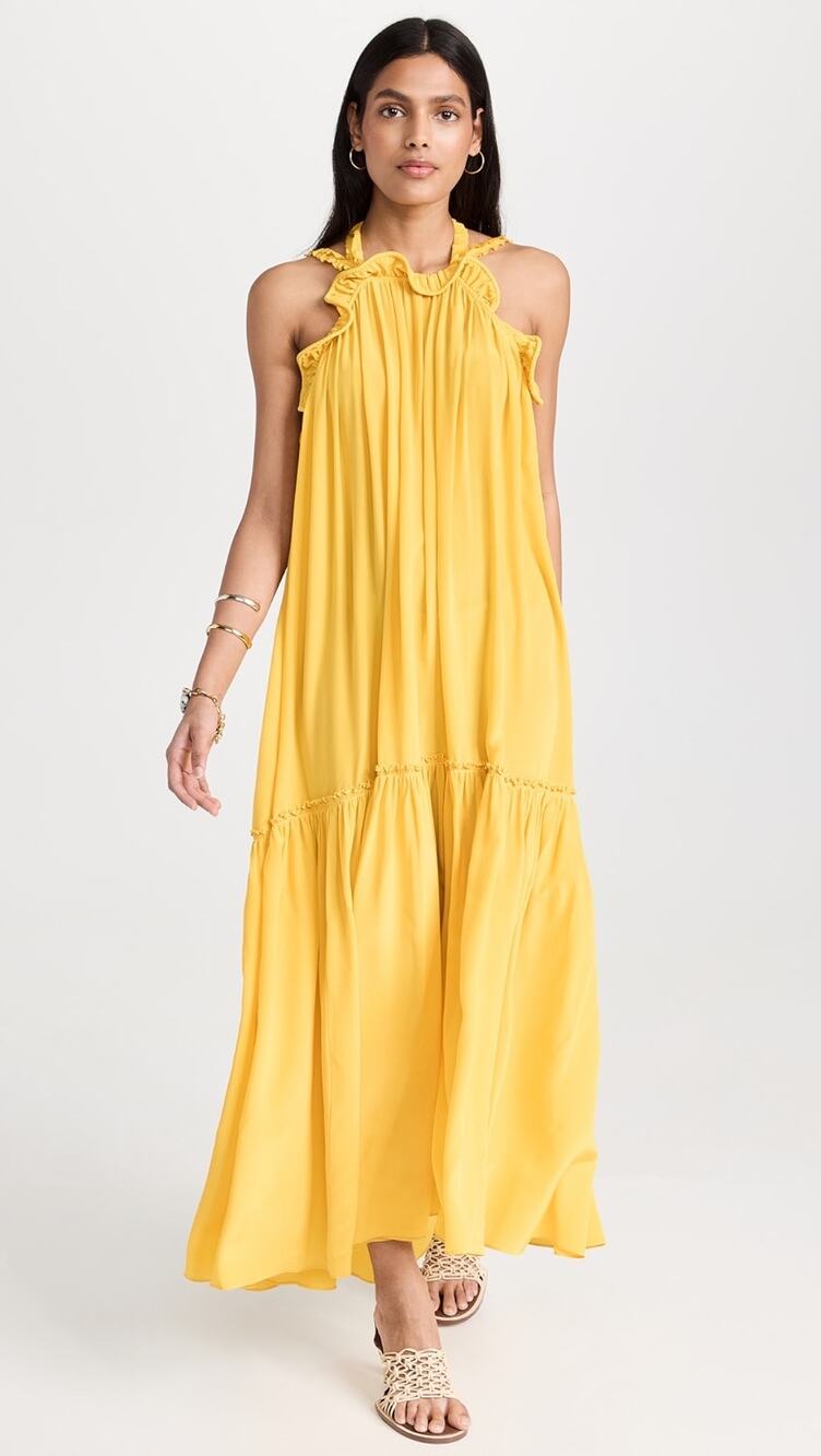 Ulla Johnson Celeste Yellow Silk Halter Backless Flounce Midi Dress 6